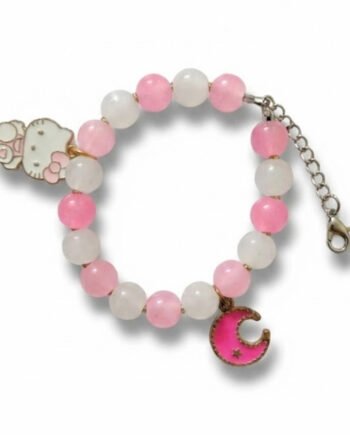 Pink and White Beaded Stretch Bracelet with Moon Charm ( with box )