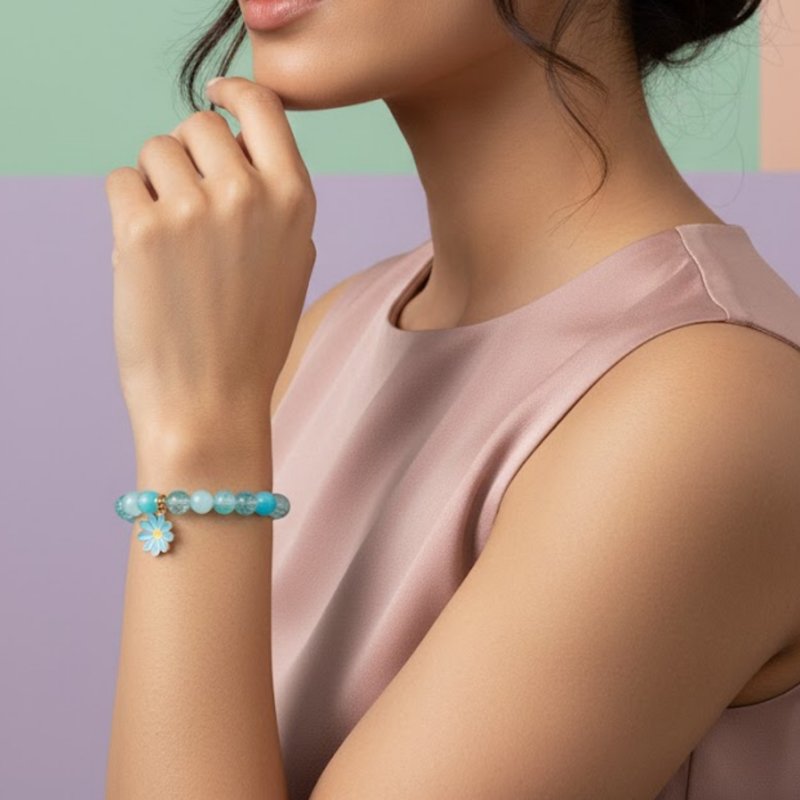 Blue Crackle Bead Stretch Bracelet with Flower Charm ( with box )