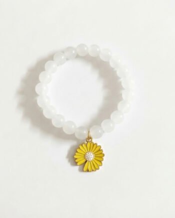 White Beaded Stretch Bracelet with Yellow Flower Charm ( with box )