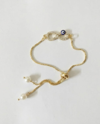 Gold-Color Adjustable Chain Bracelet with Evil Eye & Pearl Charms   ( with box )