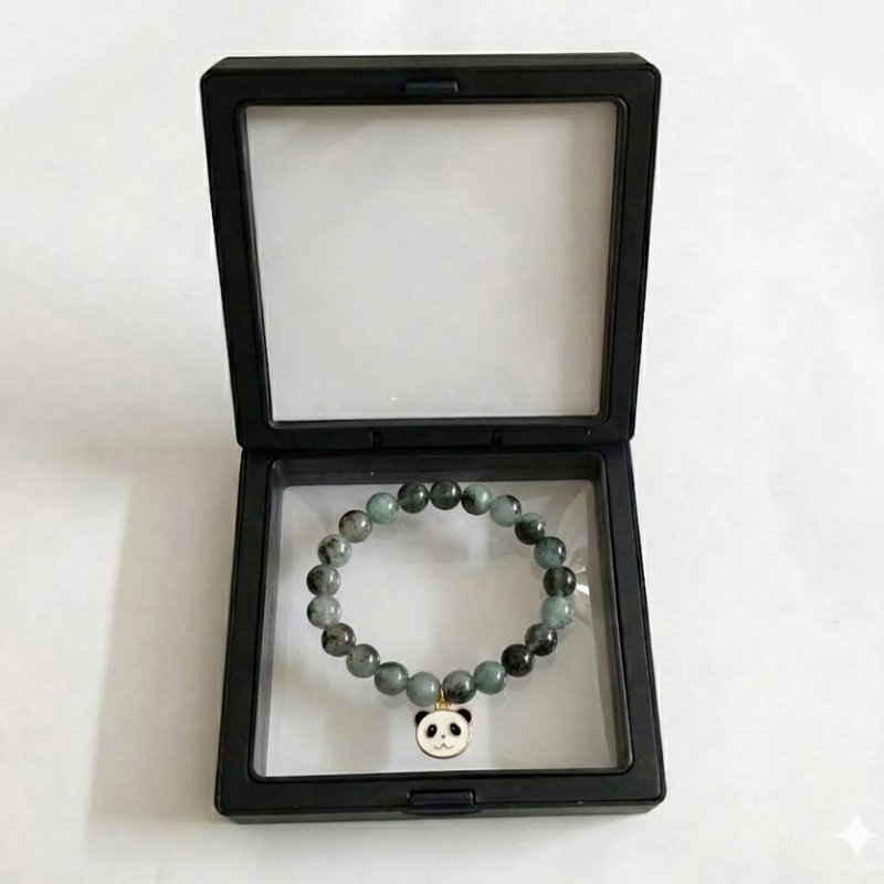 Grey Black Beaded Stretch Bracelet with Panda Charm ( with box)