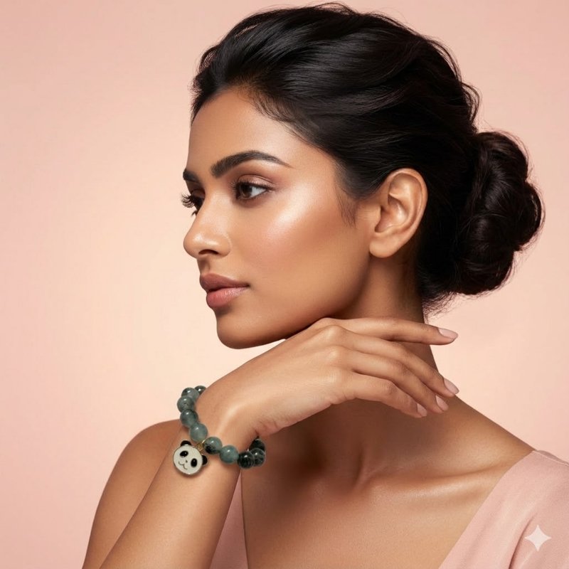 Grey Black Beaded Stretch Bracelet with Panda Charm ( with box)